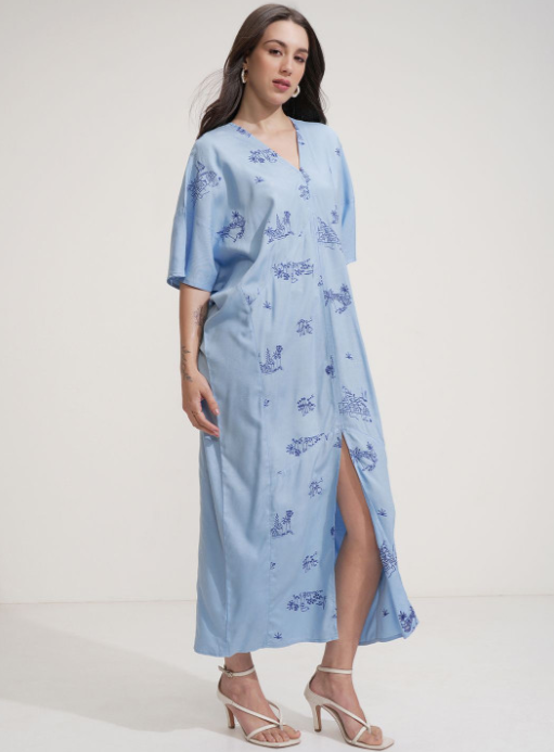 Tokyo Talkies Abstract Embroidered Flared Sleeve Kaftan Maxi Dress